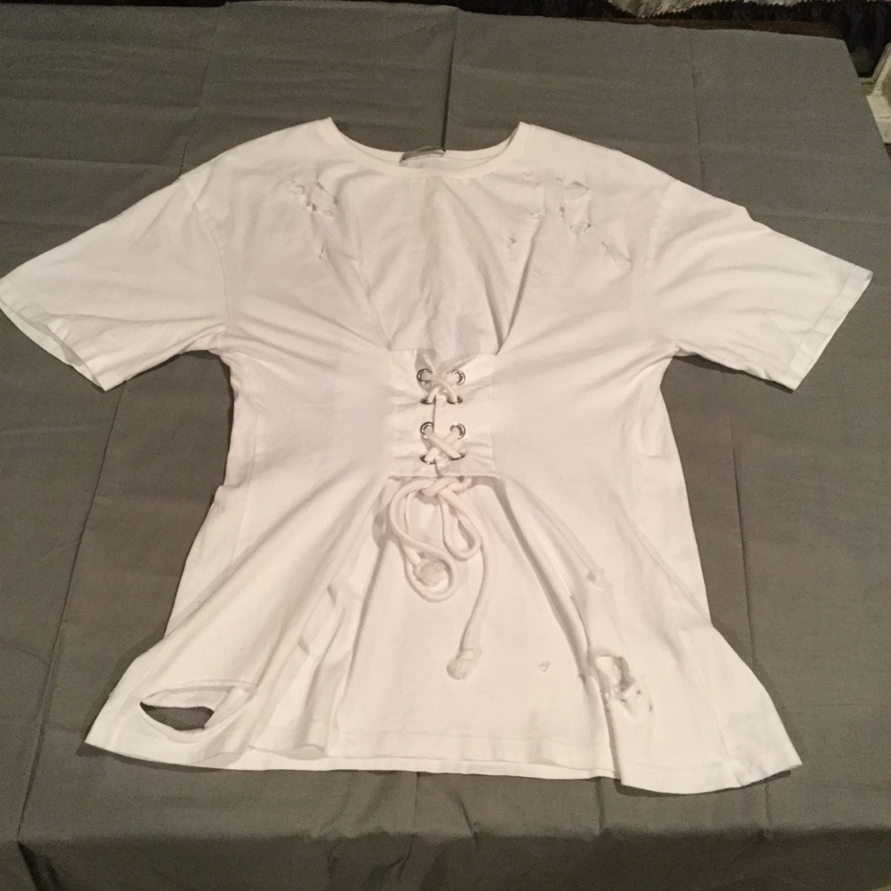 Zara W/B Collection White Distressed T-Shirt